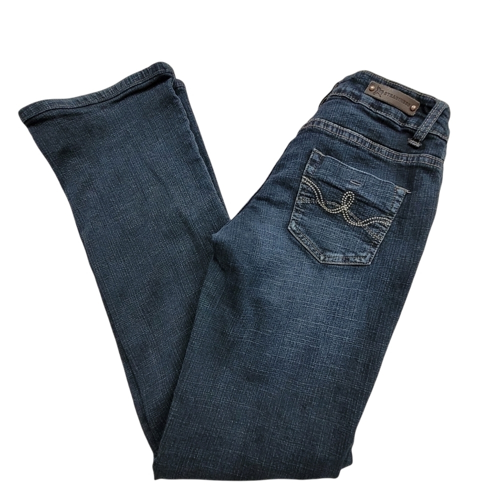 Med Dark Wash Bootcut Low Rise Jeans Straight Leg Stretch SZ 25W / 30L / 8R